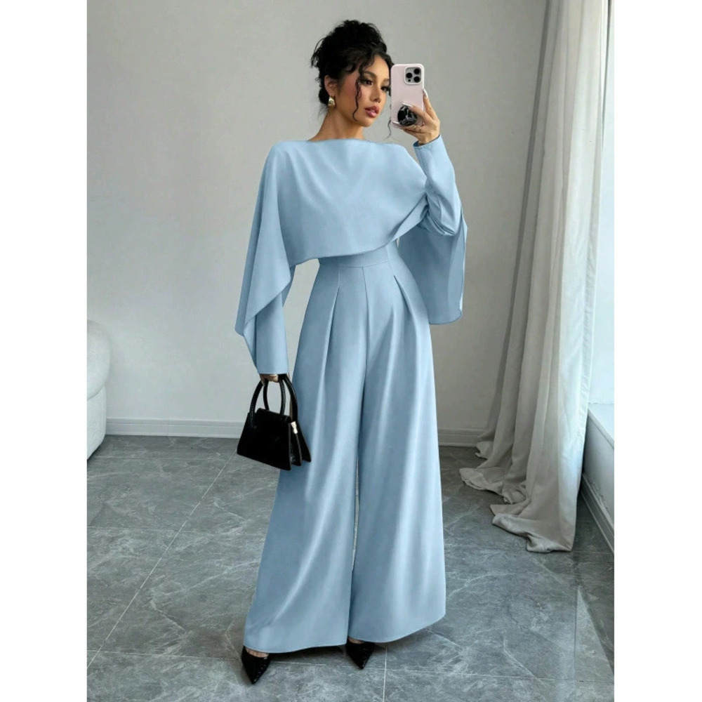 ZARA Women Elegant Cinched Waist Long Sleeve Round Neck Wide Leg Jumpsuit Solid
